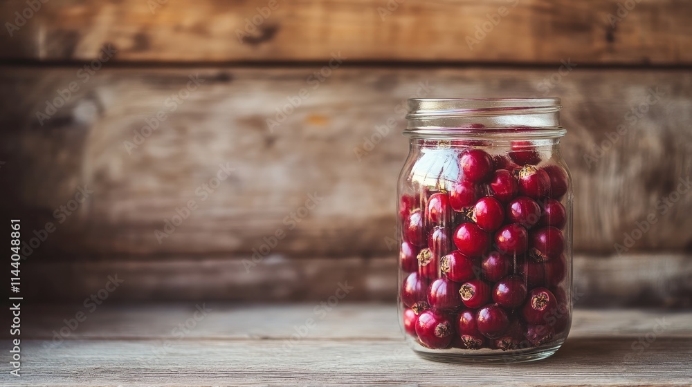 Poster chokeberries in a glass jar on a rustic wooden background with selective focus showcasing freshness 