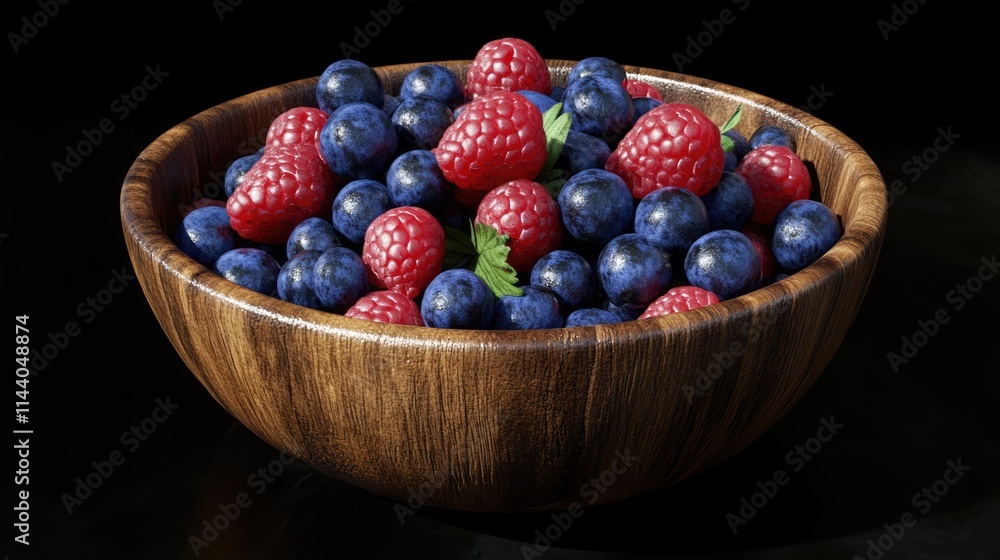 Poster assorted fresh blueberries and raspberries in a rustic wooden bowl on a dark background