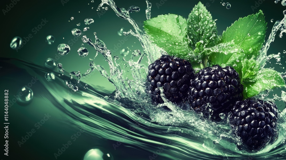 Poster fresh blackberries splashing in water with mint leaves creating a vibrant and dynamic background ima