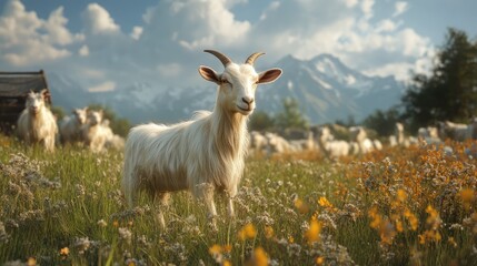 Naklejka premium Goats grazing in a vibrant meadow surrounded by wildflowers and mountains under a clear blue sky