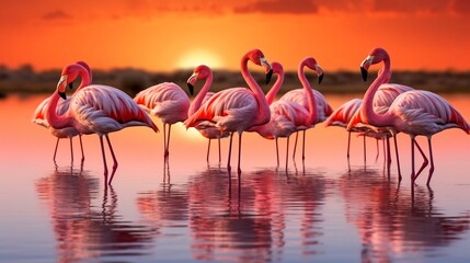 Fototapeta premium A magnificent flock of vibrant pink flamingos standing gracefully in the shallow waters with their stunning reflections mirrored on the calm surface as the sun sets