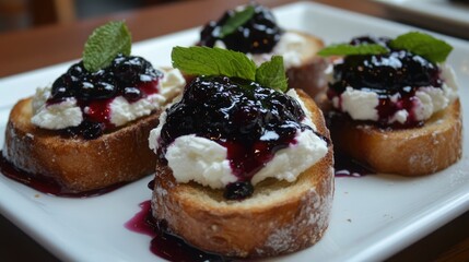 Delicious goat cheese with blackberry preserves and fresh mint atop mini toasted bread slices for elegant appetizers.