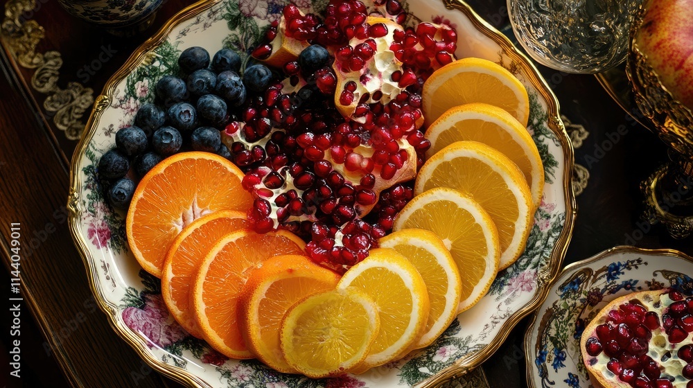 Poster sliced oranges and pomegranate arranged on decorative plate with blueberries creating vibrant, fresh