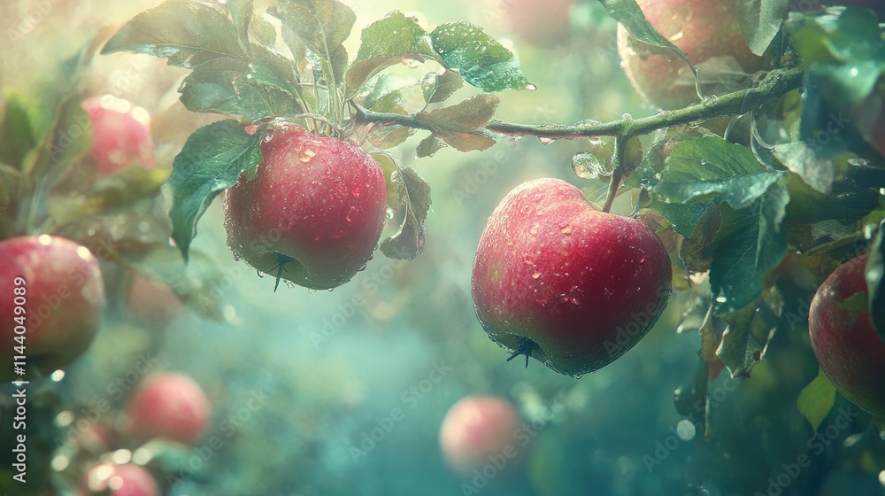 Poster deformed fresh apples glistening in sunlight create a whimsical and enchanting atmosphere in a vibra