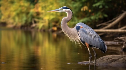 Naklejka premium Majestic blue heron wading through a calm river its sharp beak ready to strike and catch fish in the serene and tranquil natural habitat