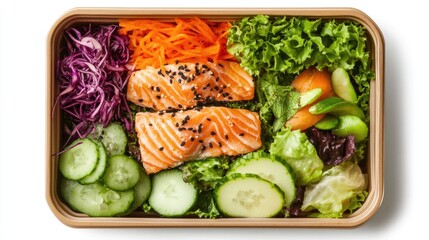 Vibrant bento box salad featuring tender salmon, fresh herbs, and colorful vegetables arranged beautifully against a white background