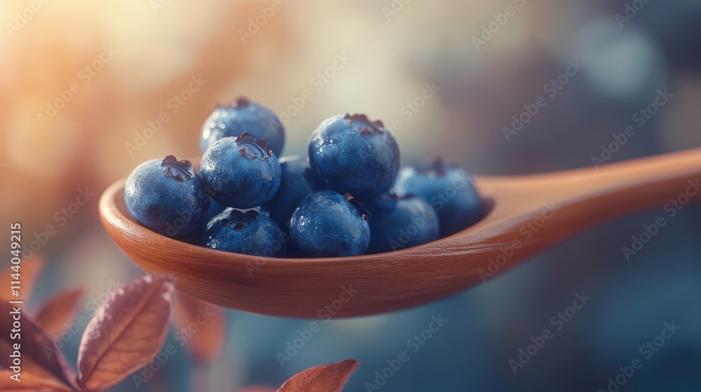 Poster Fresh blueberries on wooden spoon with blurred background showcasing selective focus and shallow depth of field for a serene natural setting
