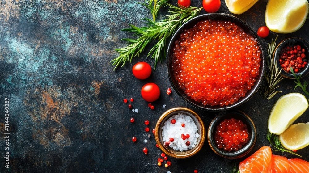 Poster gourmet red salmon caviar with fresh herbs tomatoes lemon and spices on dark background for culinary