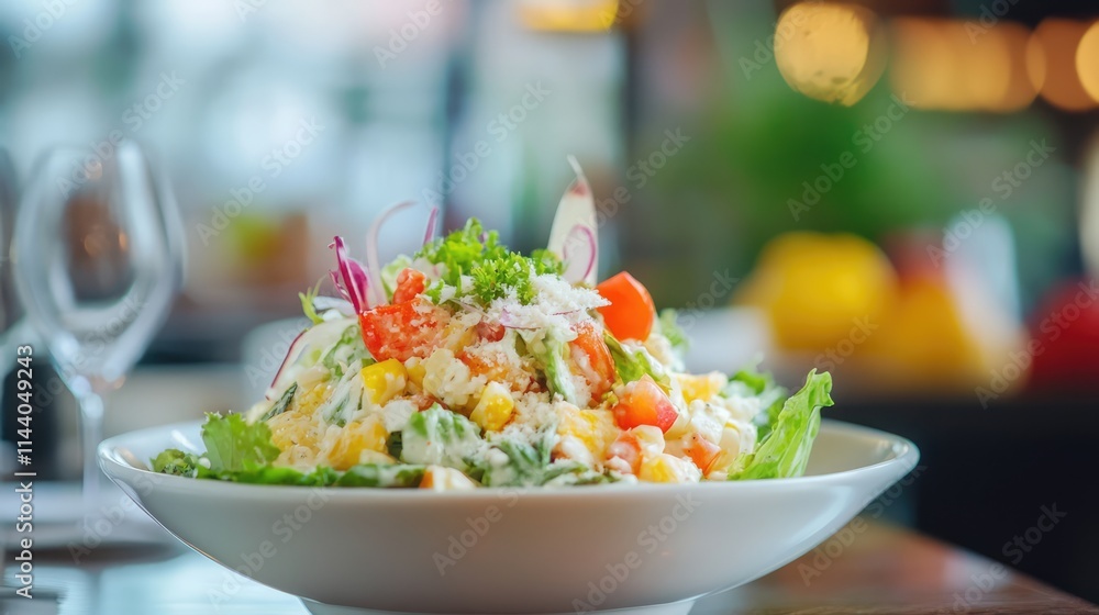 Poster vibrant caesar salad with colorful toppings elegantly presented on a rustic table with warm ambient 