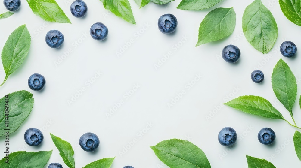 Poster blueberries surrounded by vibrant green leaves creating a fresh and natural frame on a light backgro
