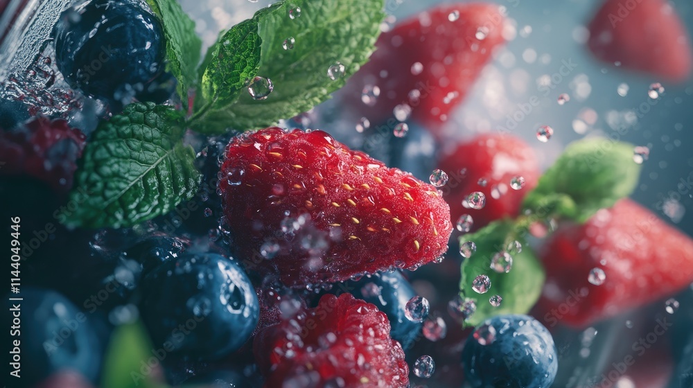 Poster Vibrant fresh berries and mint splashed with water creating a refreshing and appetizing summer scene