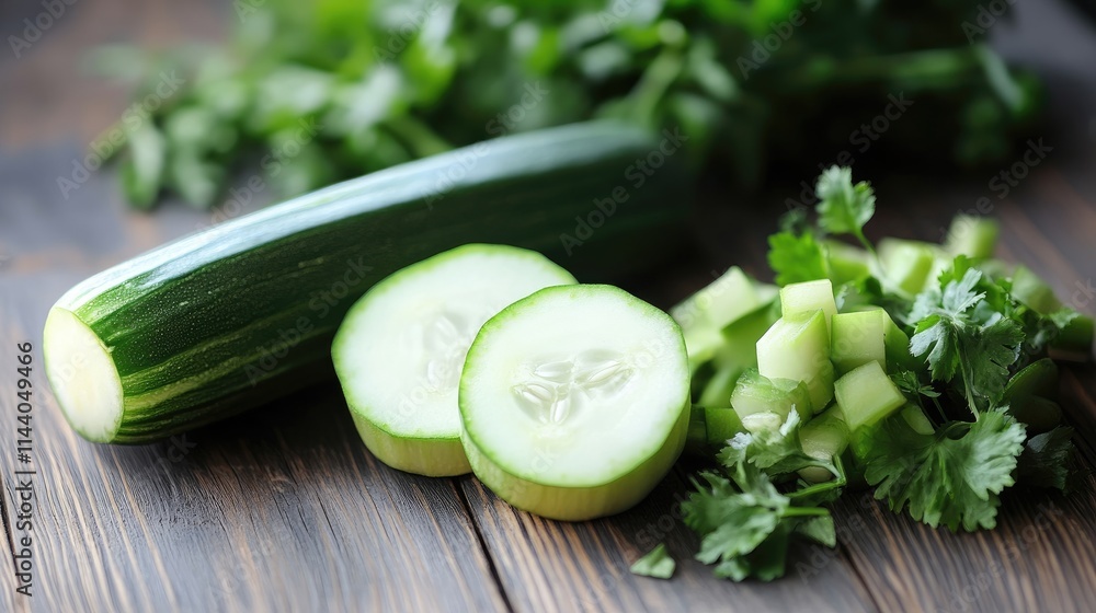 Aufkleber Fresh cucumber and celery slices with cilantro on rustic wooden background for healthy eating and cooking concepts