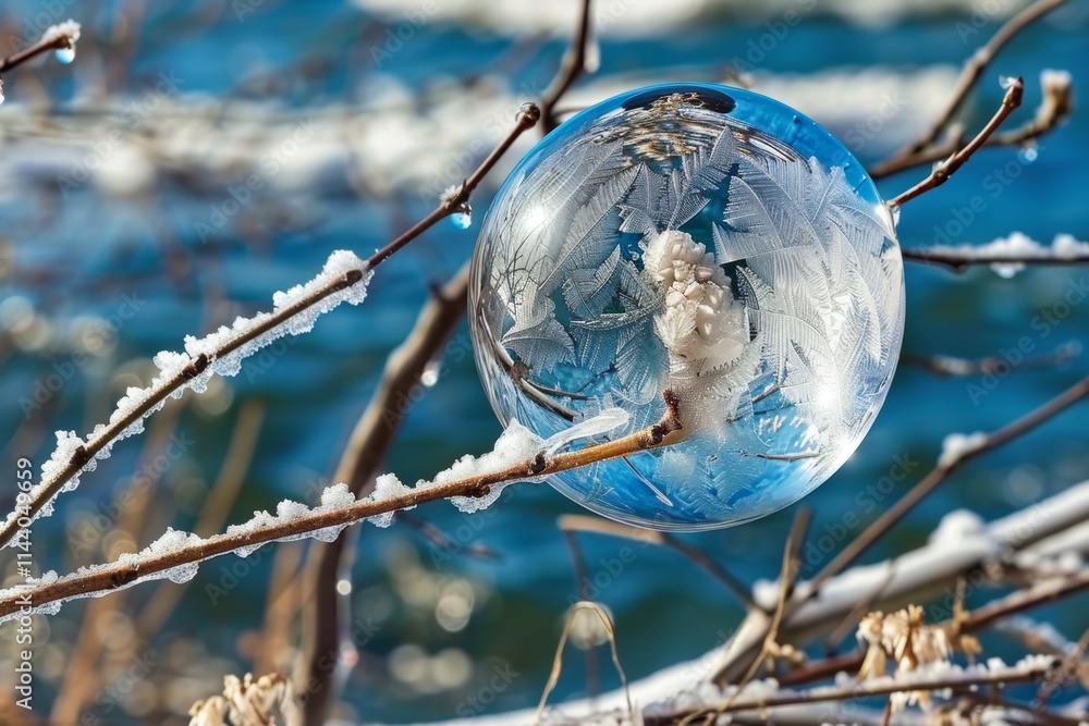 Poster stunning macro photography of frozen soap bubbles with intricate ice crystal patterns