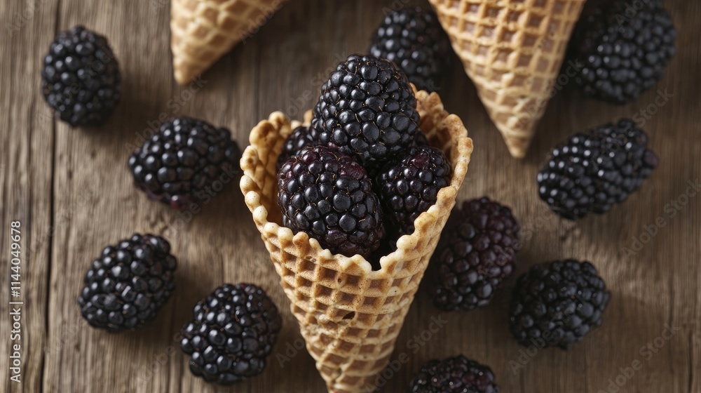 Aufkleber blackberries in waffle cones surrounded by fresh berries on rustic wooden surface top view