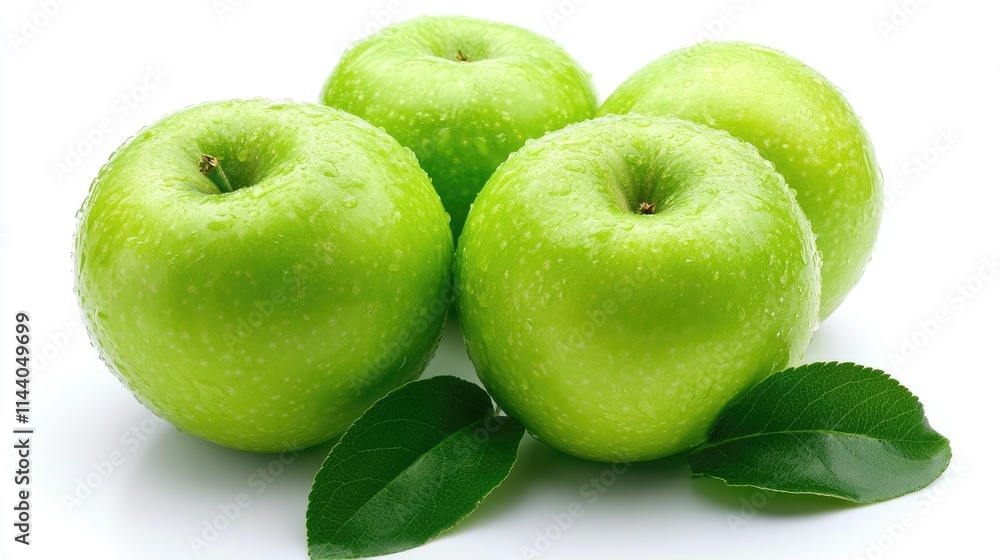 Aufkleber green apples with dew drops and fresh leaves arranged aesthetically on a white background for a vibr