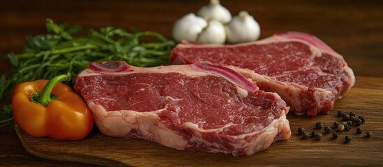 Fototapeta premium Fresh beef steak with vibrant vegetables and herbs on a wooden cutting board ready for grilling or cooking in a gourmet kitchen setting