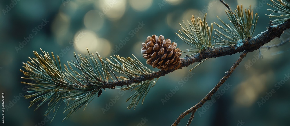 Aufkleber Gingerbread cookie perched on a pine branch with soft bokeh background creating a festive and cozy atmosphere in a winter setting.