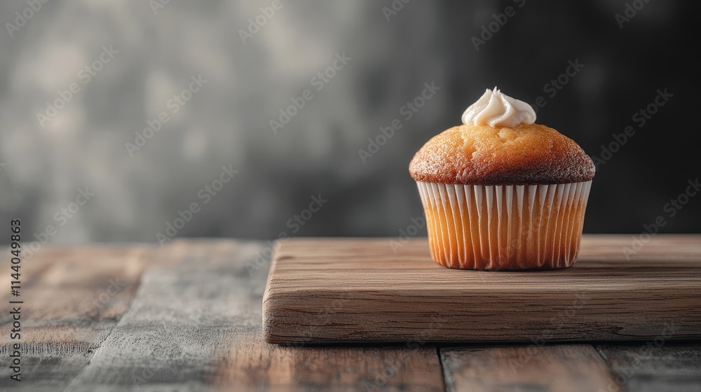 Aufkleber Cupcake with creamy frosting displayed on rustic wooden table against a blurred background ideal for dessert and confectionery themes