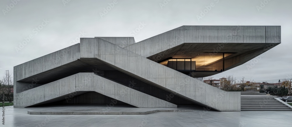 Poster modern concrete staircase with architectural lines and shapes set against a grey backdrop highlighti