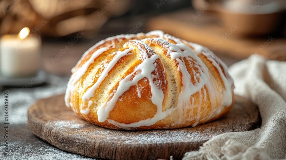 Aufkleber crusty freshly baked sweet bun drizzled with icing resting on a rustic wooden board with soft lighti