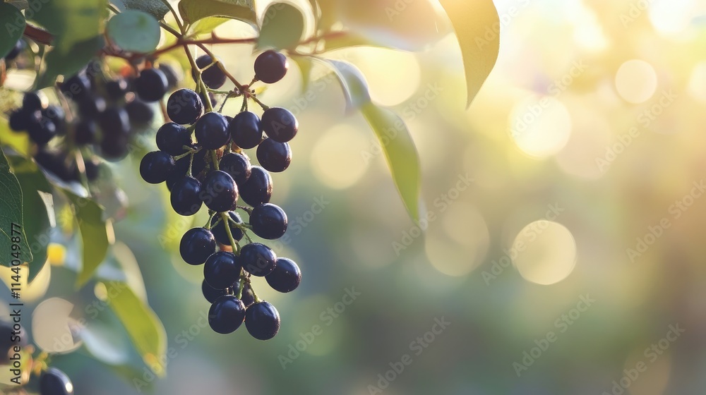 Aufkleber fresh black grapes hanging from a vine with a blurred soft light garden background creating a serene