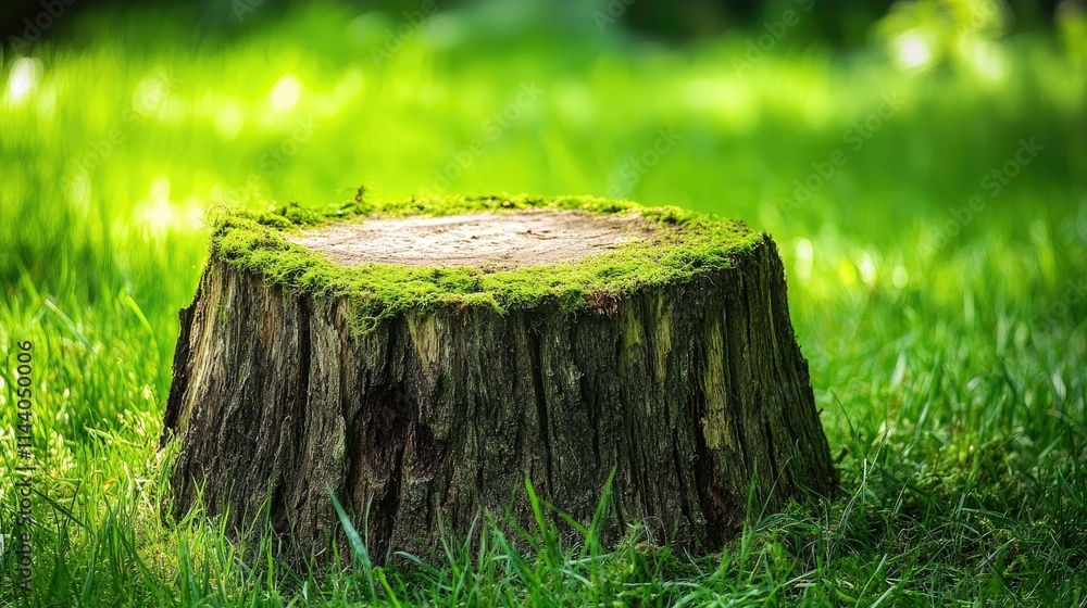 Poster moss covered tree stump resting on lush green grass in a serene forest setting showcasing nature's c