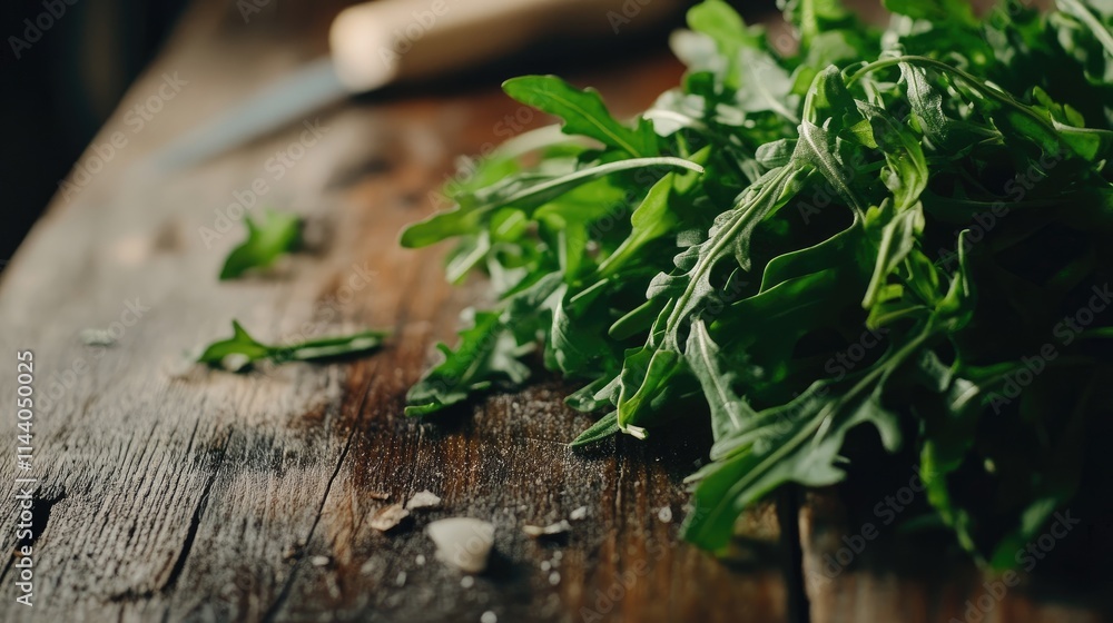 Poster close up of fresh arugula leaves on a rustic wooden table with a knife in the background highlightin