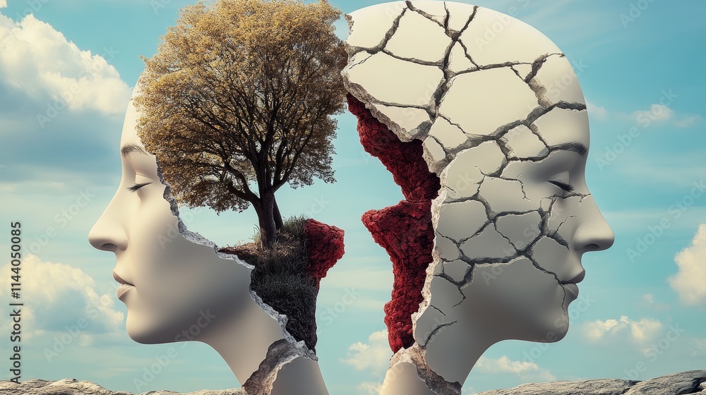 Poster two faces with one of them having a tree in its eye. the other face is broken and has a lot of crack