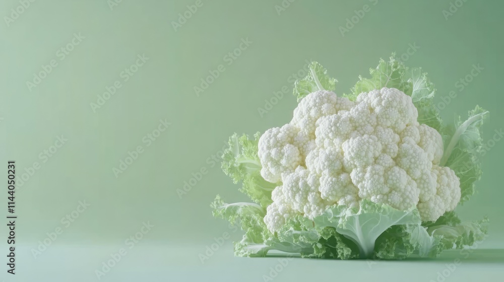 Poster cauliflower head on green background showcasing freshness and vibrant color with no shadows for clea