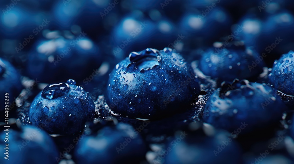 Poster close-up of fresh blueberries with water droplets showcasing texture and vibrant colors ideal for fo