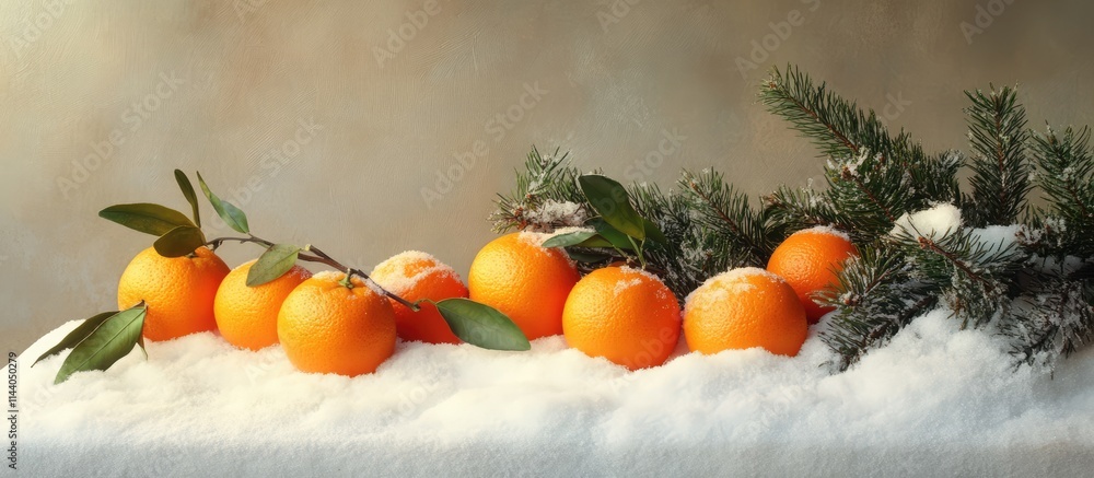 Aufkleber fresh tangerines with leaves arranged on a snowy table with a spruce branch creating a vibrant winte