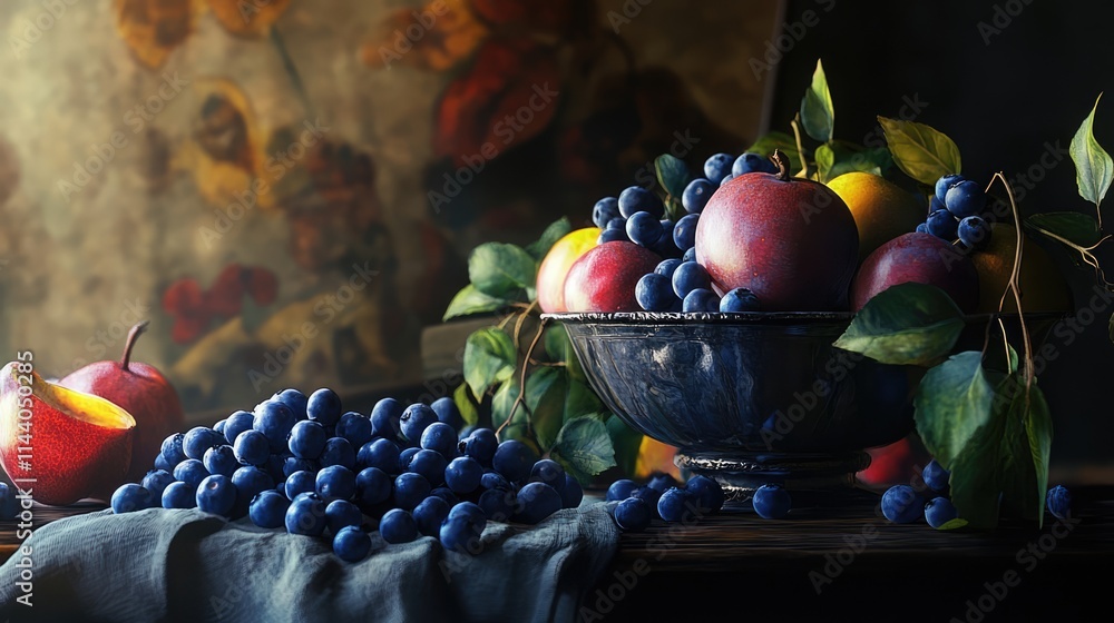Poster blueberries and apples in a rustic bowl showcasing a bountiful harvest with artistic background and 