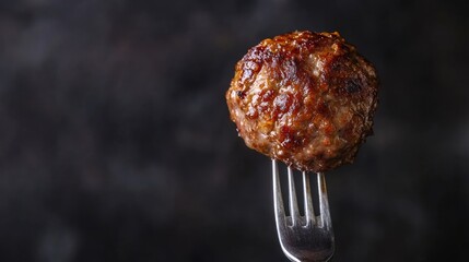 Deliciously golden meatball held on a fork with a dark blurred background showcasing culinary delight and comfort food appeal