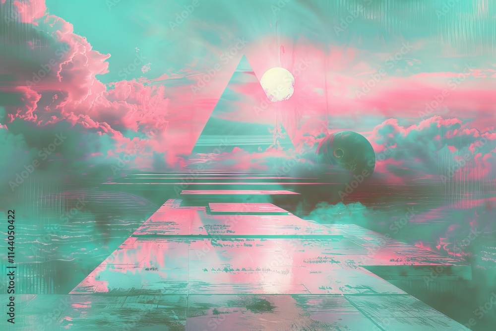 Poster cosmic space scene with abstract gradient background and geometric shapes in vibrant pink and blue