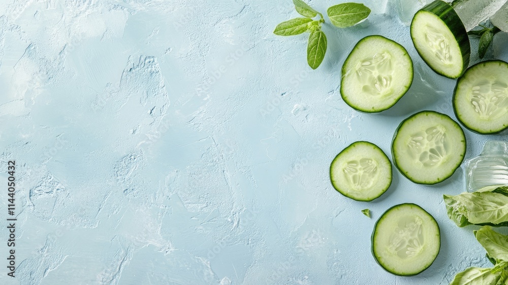 Poster sliced cucumbers arranged on a light blue background with fresh mint garnish and a decorative sign f