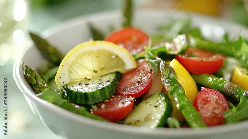 Poster vibrant asparagus salad with cherry tomatoes and cucumber garnished with lemon slices perfect for he