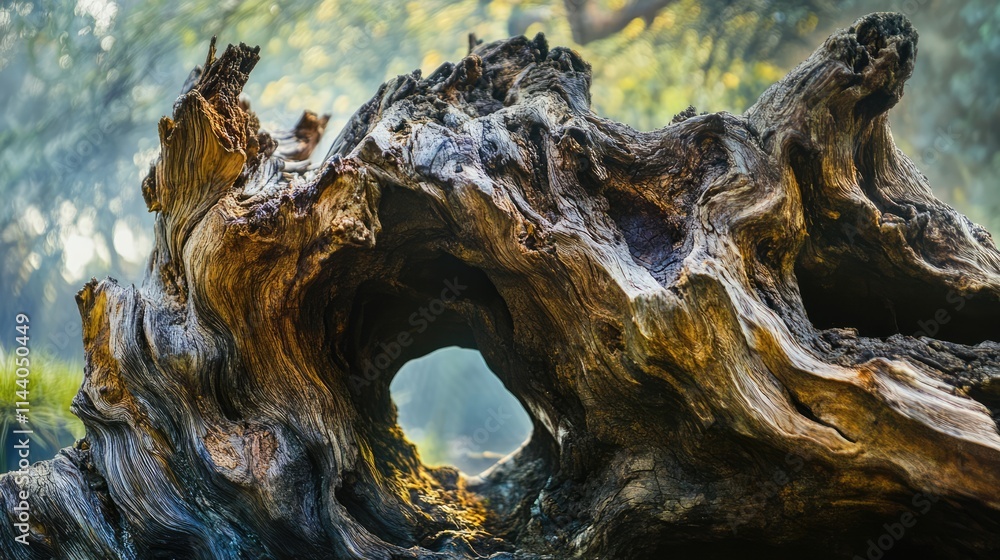 Poster gnarled tree trunk showcasing natural grain patterns with soft sunlight filtering through a lush for