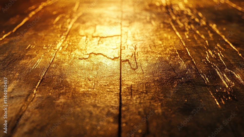 Poster golden texture on rustic wooden boards illuminated by warm light creating an inviting and rich atmos