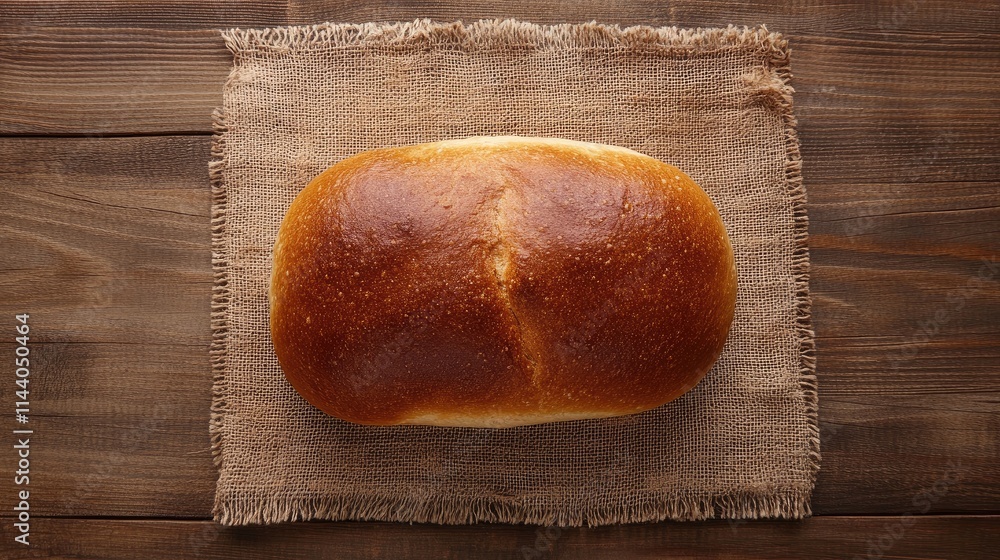 Aufkleber homemade freshly baked bread on rustic wooden table with burlap background top view