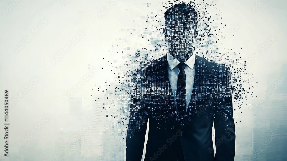 Poster a man in a suit is standing in front of a cityscape with a blurred background. concept of chaos and 