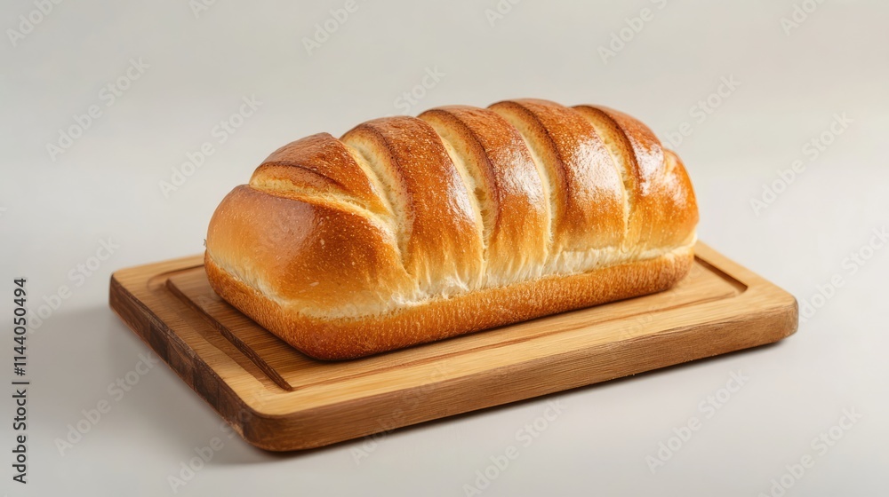 Poster freshly baked loaf of bread on a wooden cutting board with soft light background and ample copy spac