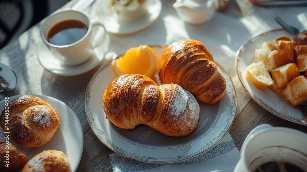 Aufkleber homemade breakfast buns with croissants and citrus served on a table with coffee for a warm morning 