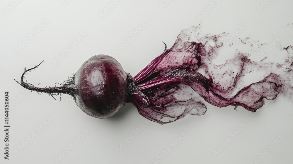 Poster Dynamic composition of fresh beetroot with vibrant splashes on white background showcasing its rich color and organic textures.