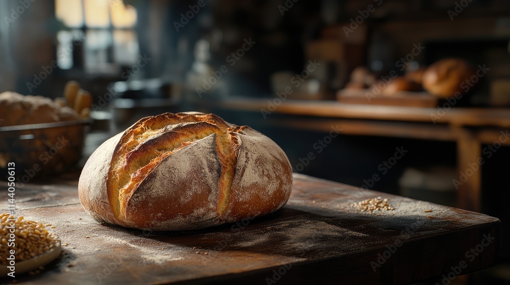 Poster artisan bread on wooden table with scattered wheat highlighting rustic baking environment and tradit