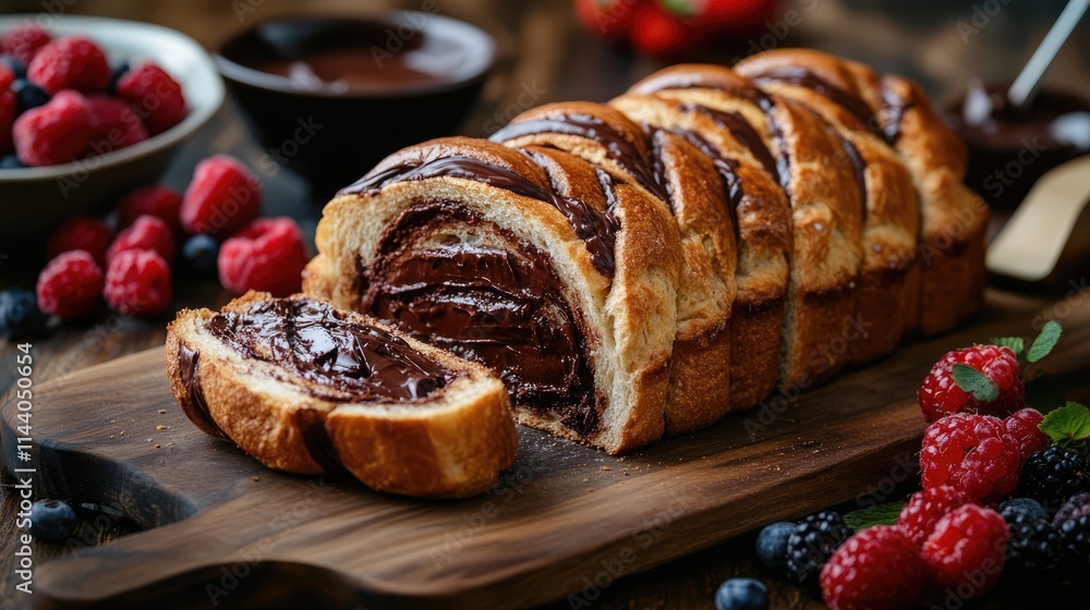 Poster freshly sliced chocolate swirl bread served with berries on a rustic wooden table for a delightful b