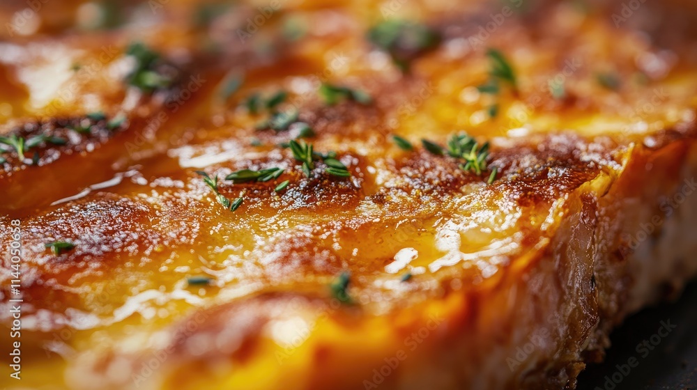 Poster golden brown homemade beef pie with a crispy crust and herbs on top, macro close-up shot highlightin