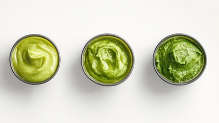 Three bowls of creamy avocado puree and rich green avocado oil on a light background showcasing the versatility of avocados in cuisine.