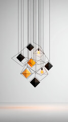 A modern geometric pendant light fixture featuring hanging shapes in black and orange, suspended against a minimalist backdrop.