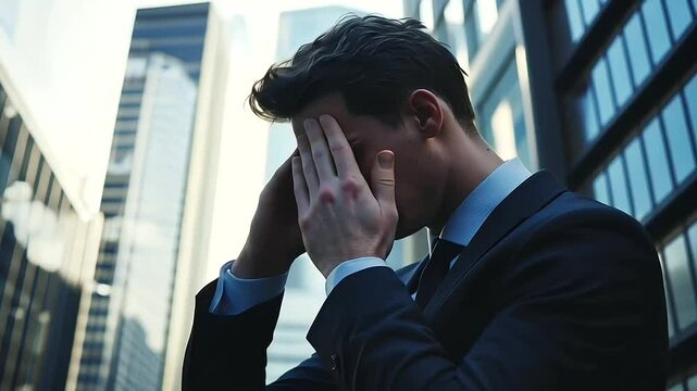 Many problems, many tasks. A businessman grabbing his head in a megacity Kiev