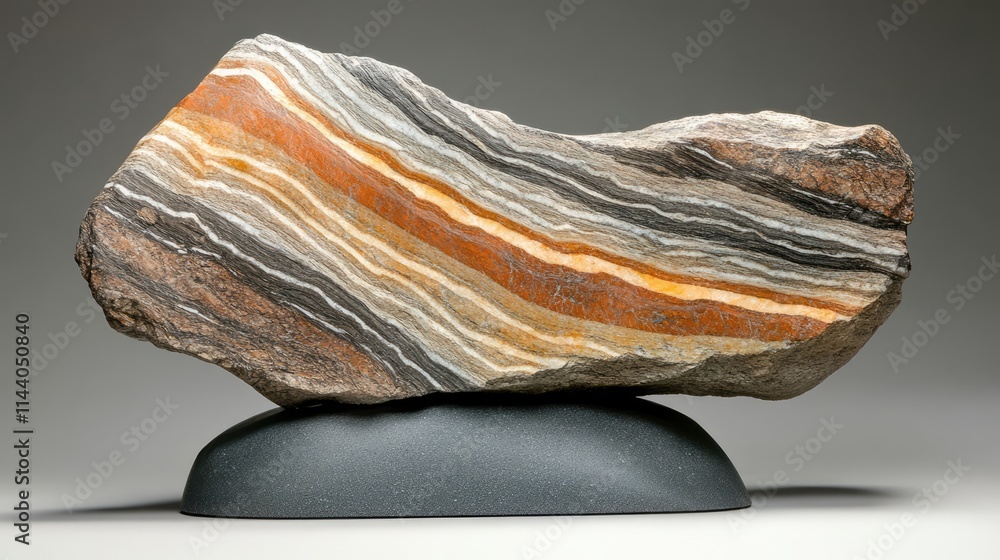 Poster gneiss foliated banded metamorphic rock showcasing unique texture and colorful mineral layering on a